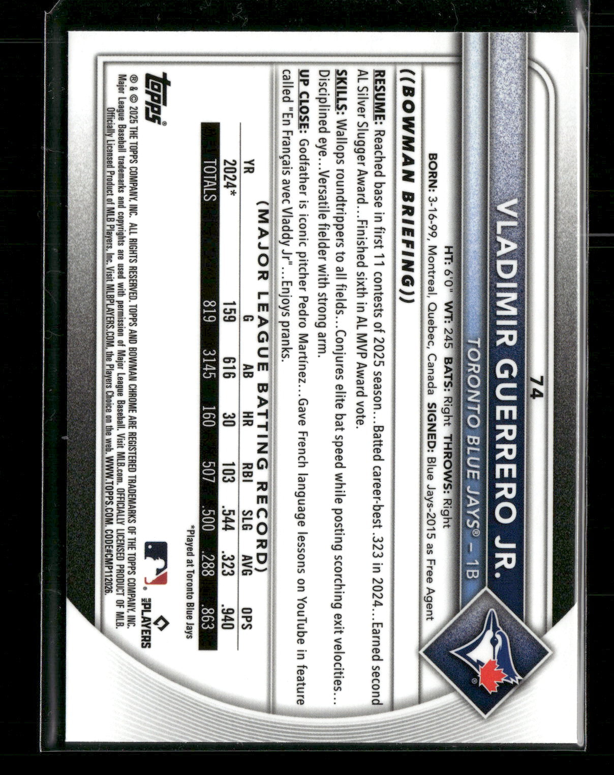 2025 Bowman Chrome Vladimir Guerrero Jr. #74