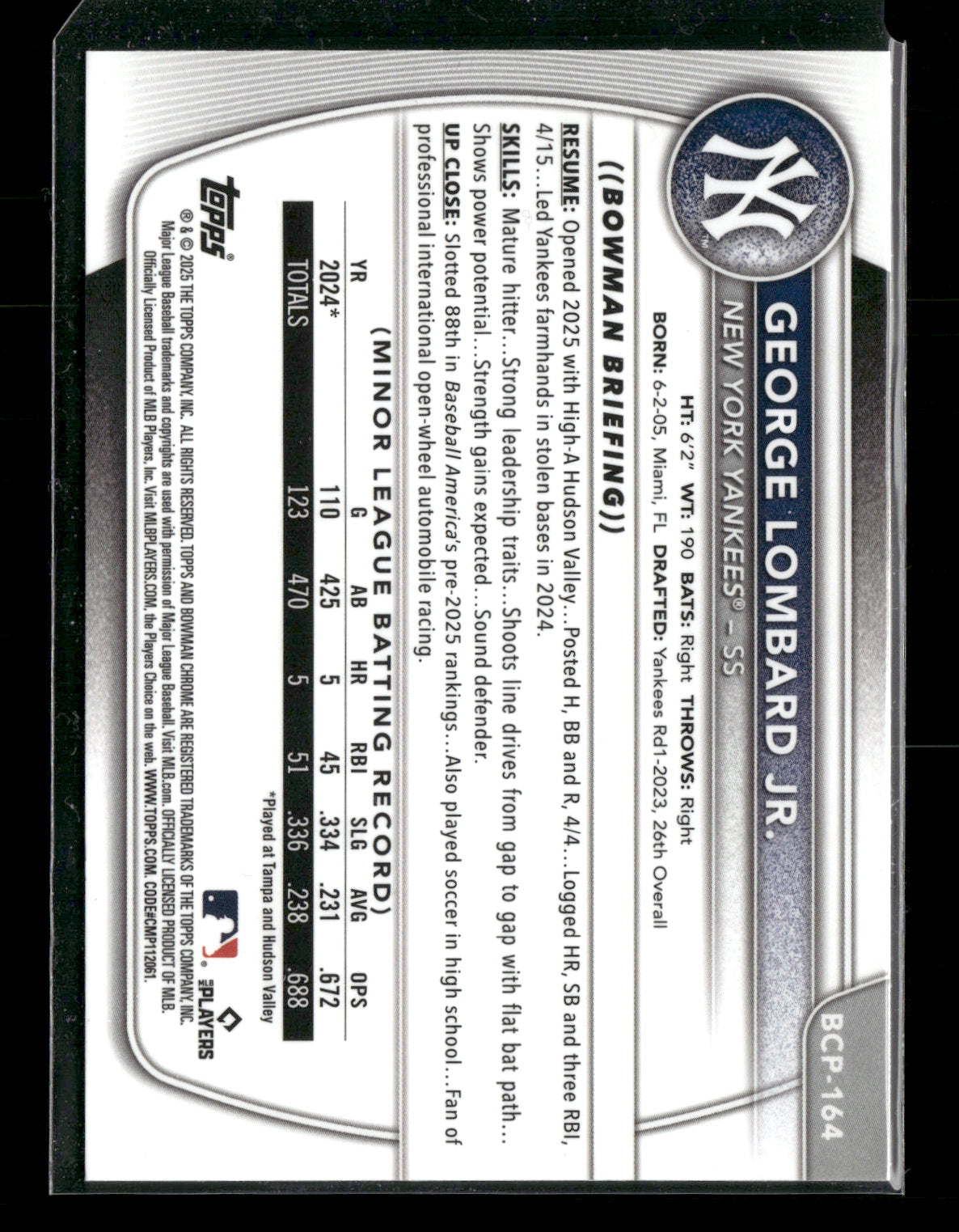 2025 Bowman Chrome George Lombard Jr. #BCP-164