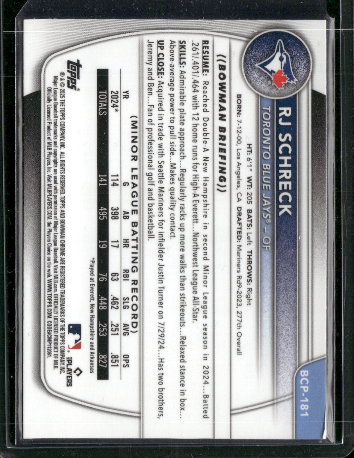 2025 Bowman Chrome RJ Schreck #BCP-181 1st Bowman