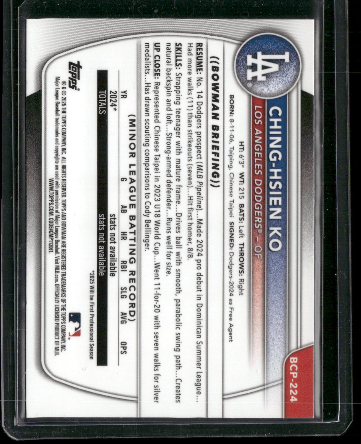 2025 2024 Bowman Chrome Ching-Hsien Ko #BCP-224 1st Bowman