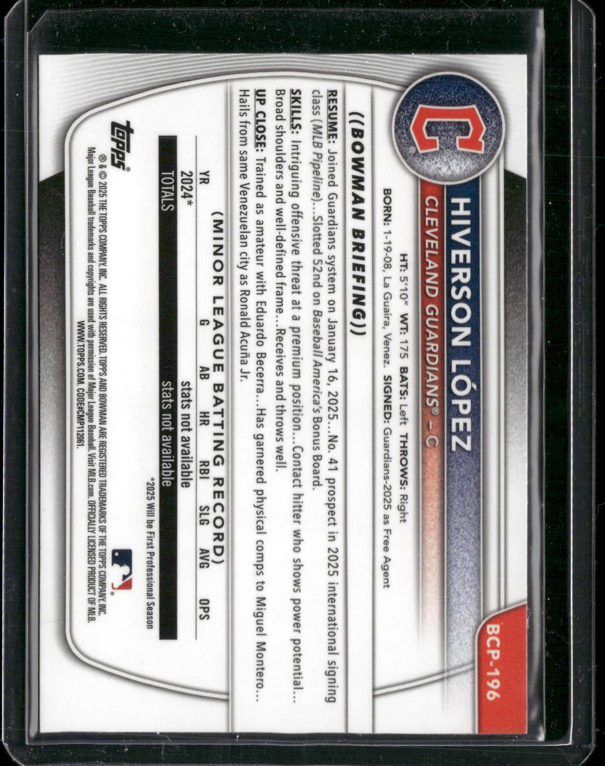 2025 Bowman Chrome Hiverson López #BCP-196 1st Bowman