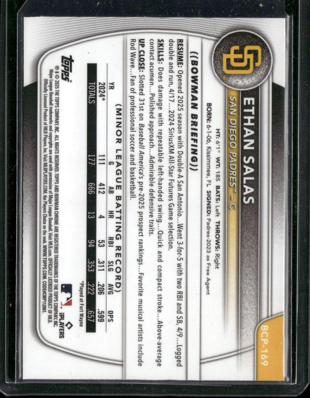 2025 Topps Bowman Chrome Ethan Salas #BCP-169 Laser Refractor