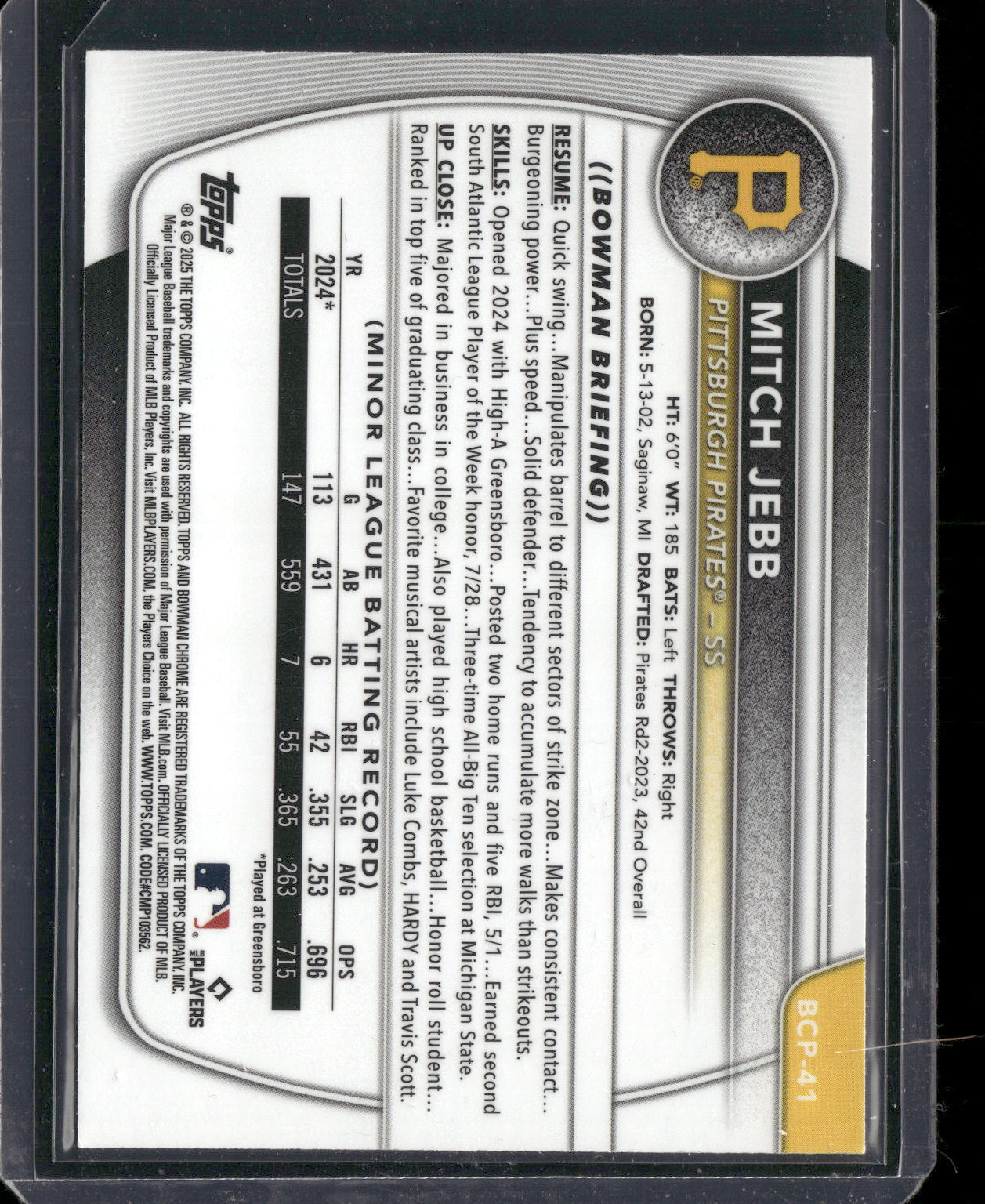 2025 Bowman Chrome Mitch Jebb #BCP-41 Mega Box Mojo Refractor 1st Bowman