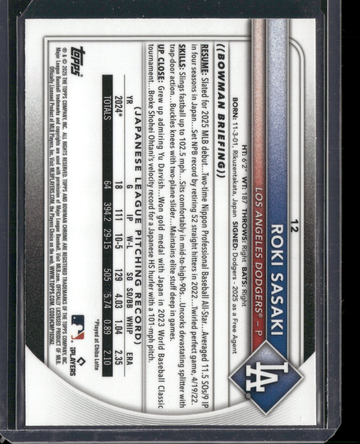 2025 Bowman Chrome Roki Sasaki #12 Mega Box Mojo Refractor RC
