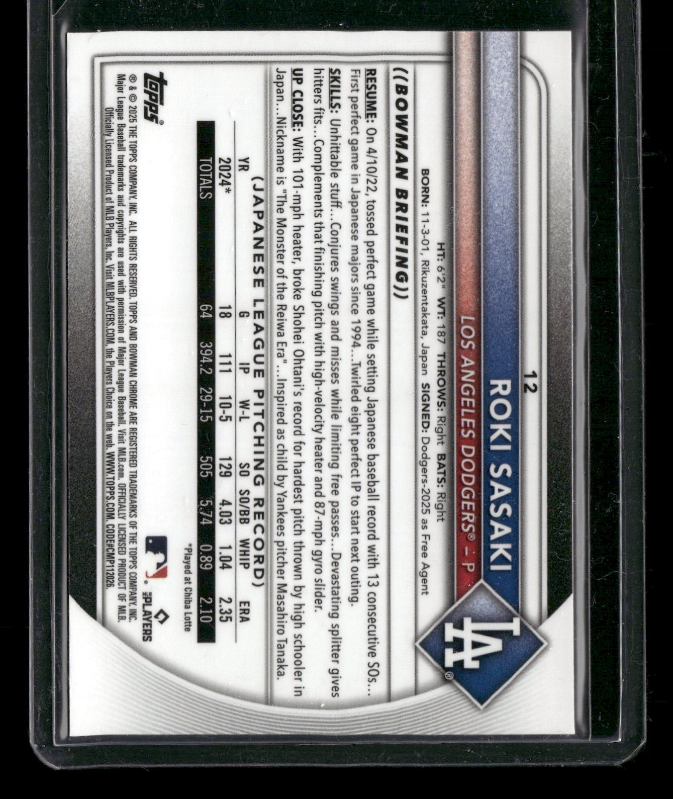 2025 Bowman Chrome Roki Sasaki #12 RC