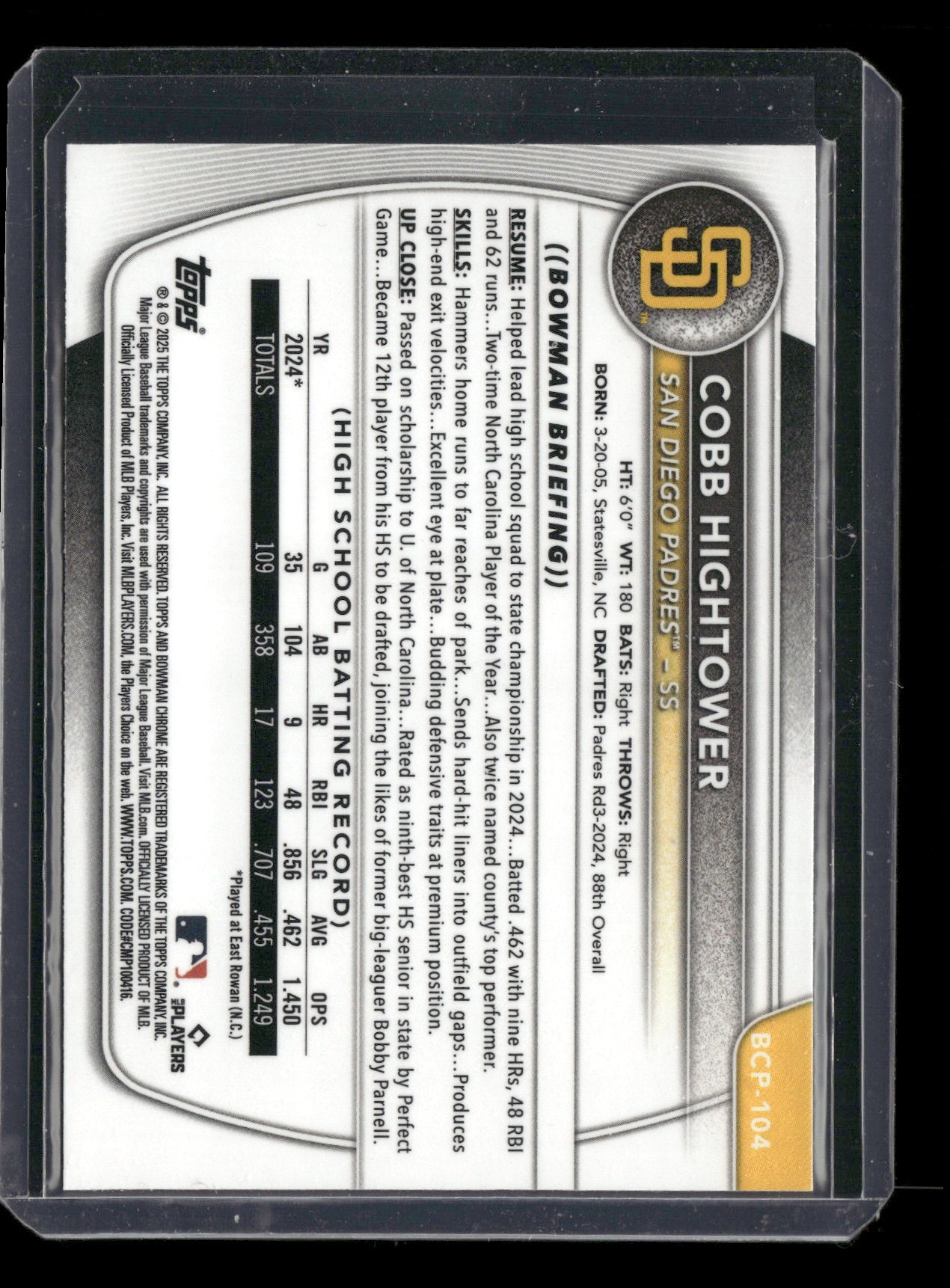 2025 Bowman Chrome Cobb Hightower #BCP-104 1st Bowman