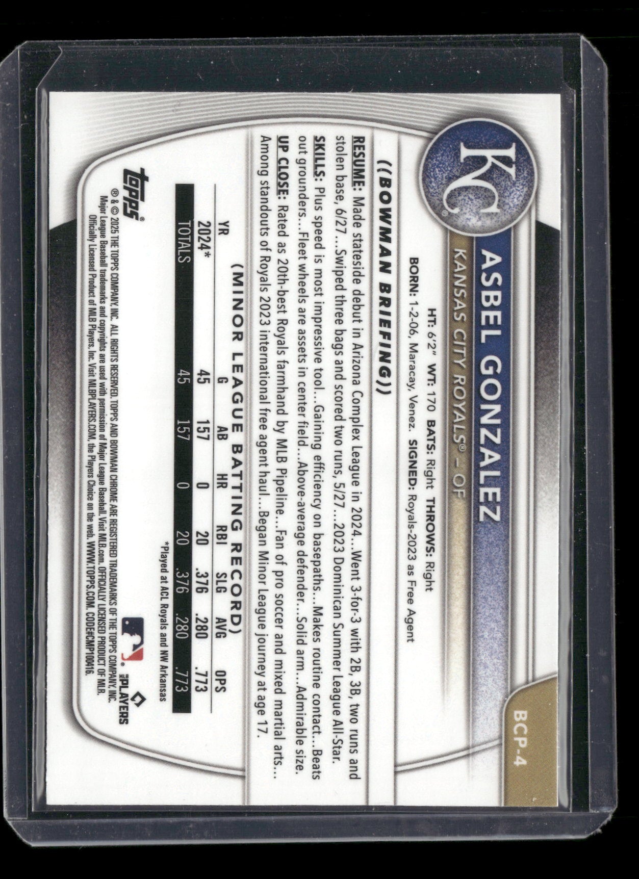 2025 Bowman Chrome Asbel Gonzalez #BCP-4 1st Bowman