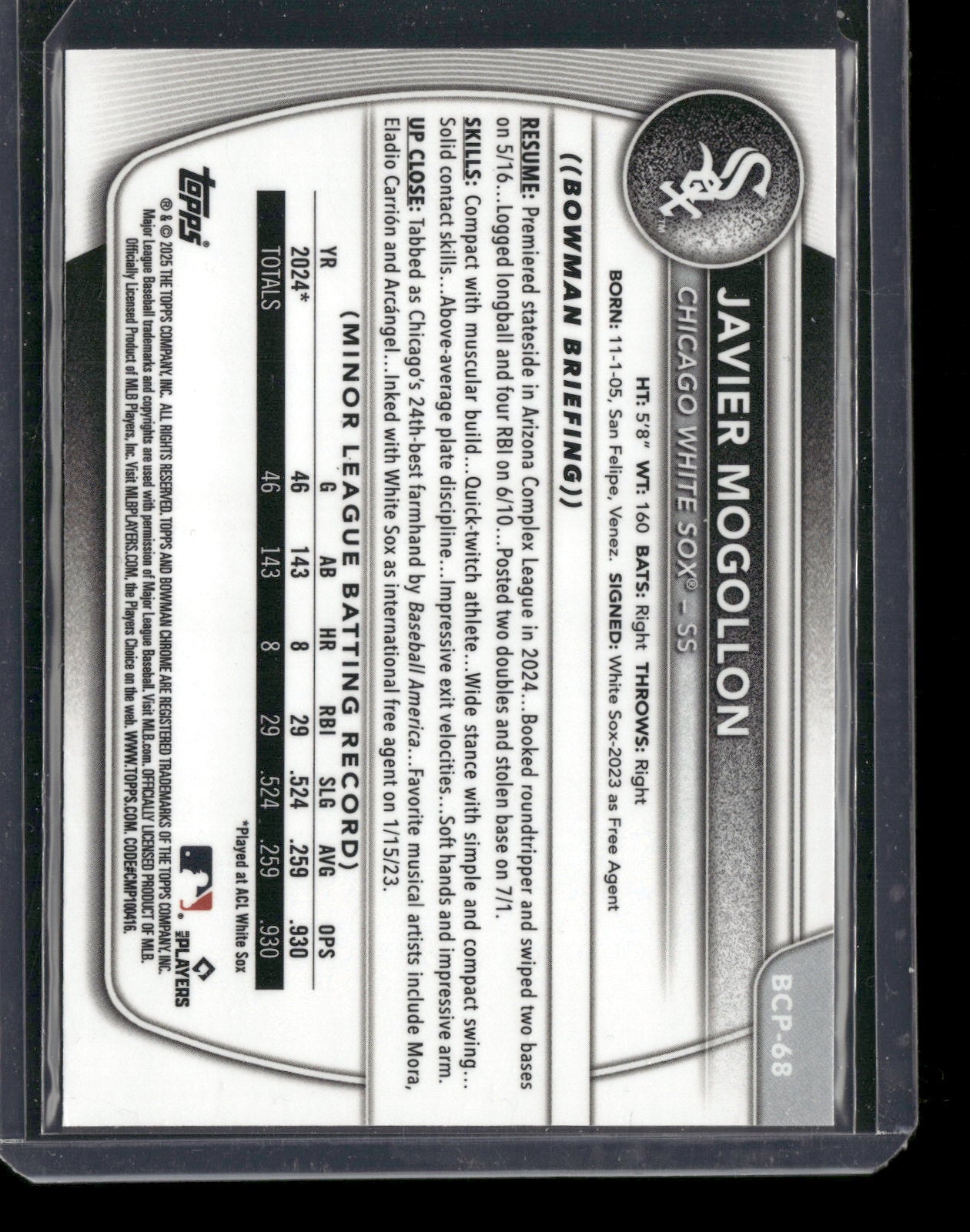 2025 Bowman Chrome Javier Mogollon #BCP-68 1st Bowman