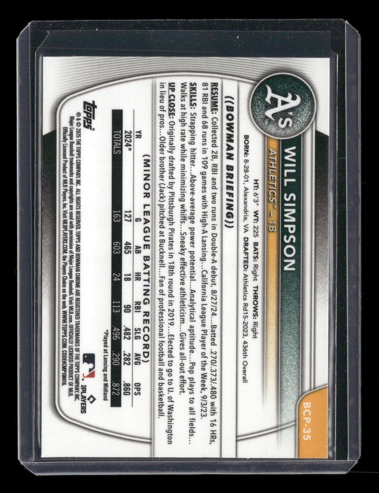 2025 Bowman Chrome Will Simpson #BCP-35 1st Bowman
