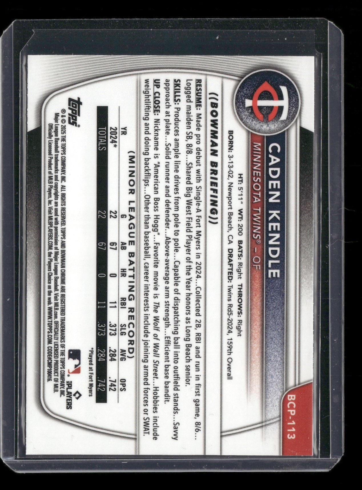 2025 Bowman Chrome Caden Kendle #BCP-113 1st Bowman