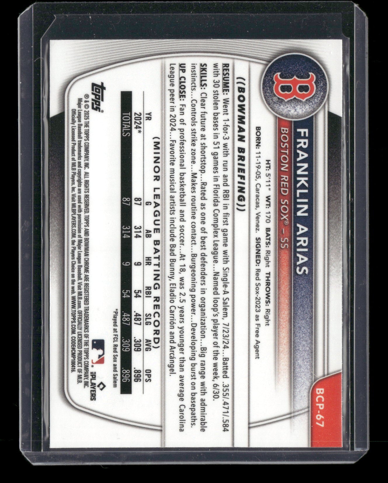 2025 Bowman Chrome Franklin Arias #BCP-67 1st Bowman