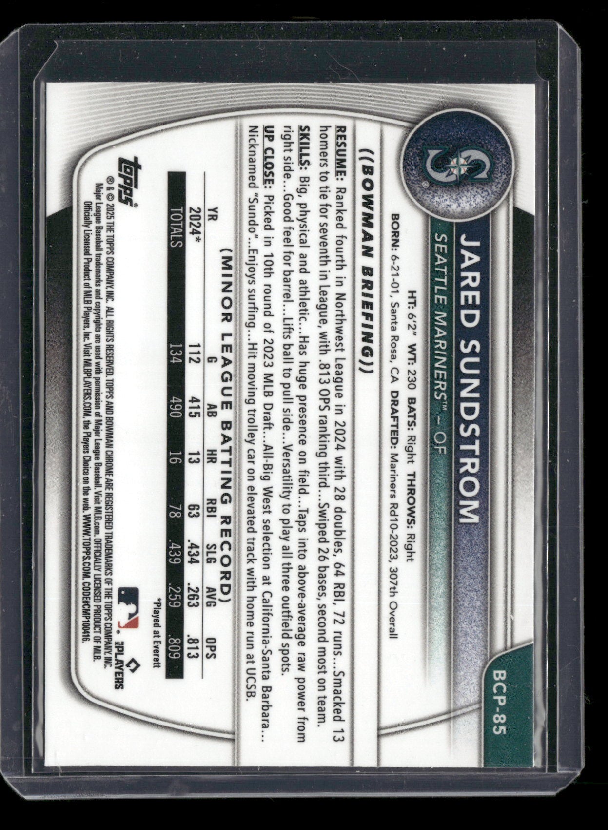 2025 Bowman Chrome Jared Sundstrom #BCP-85 1st Bowman