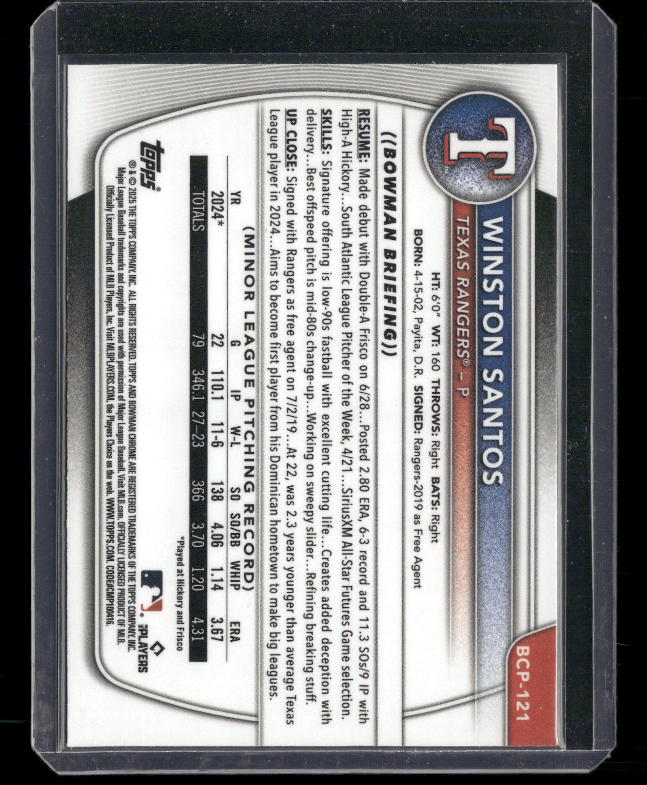 2025 Bowman Chrome Winston Santos #BCP-121 1st Bowman