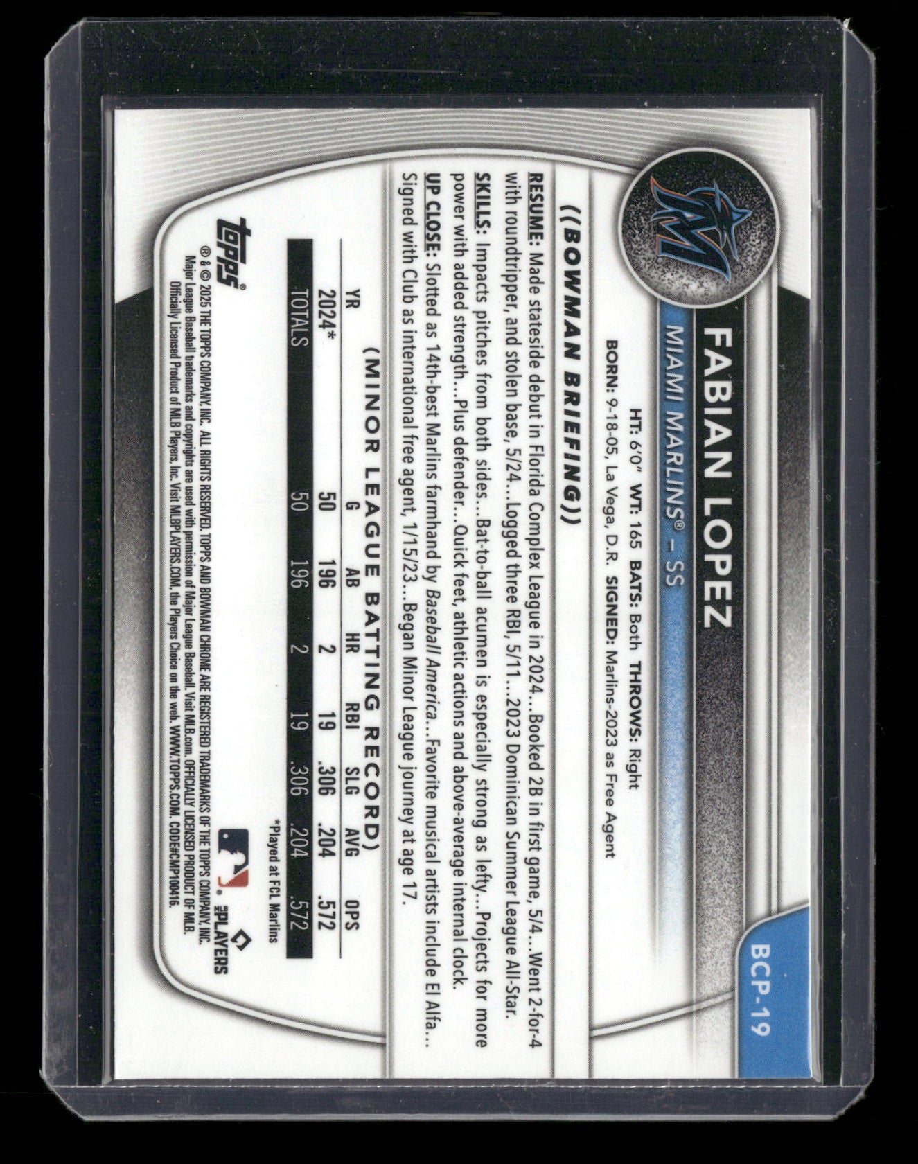 2025 Bowman Chrome Fabian Lopez #BCP-19 1st Bowman