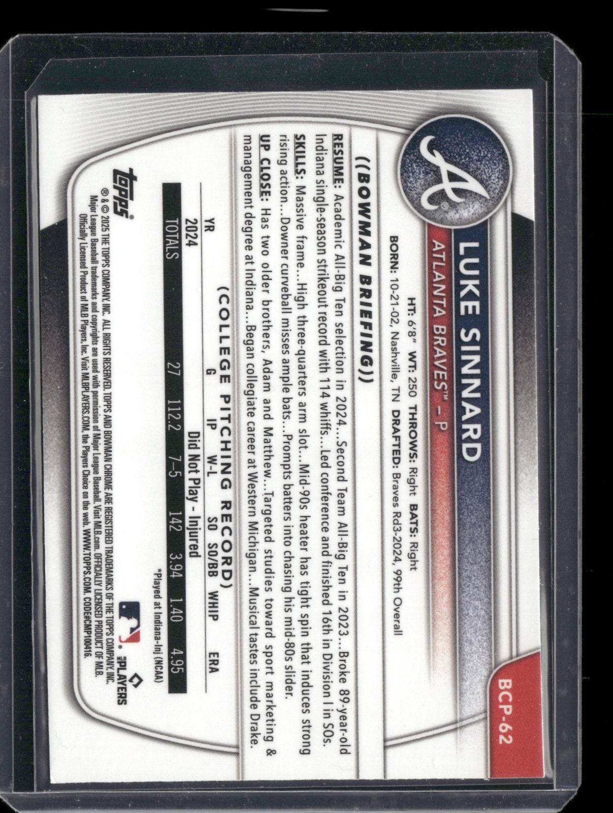 2025 Bowman Chrome Luke Sinnard #BCP-62 1st Bowman