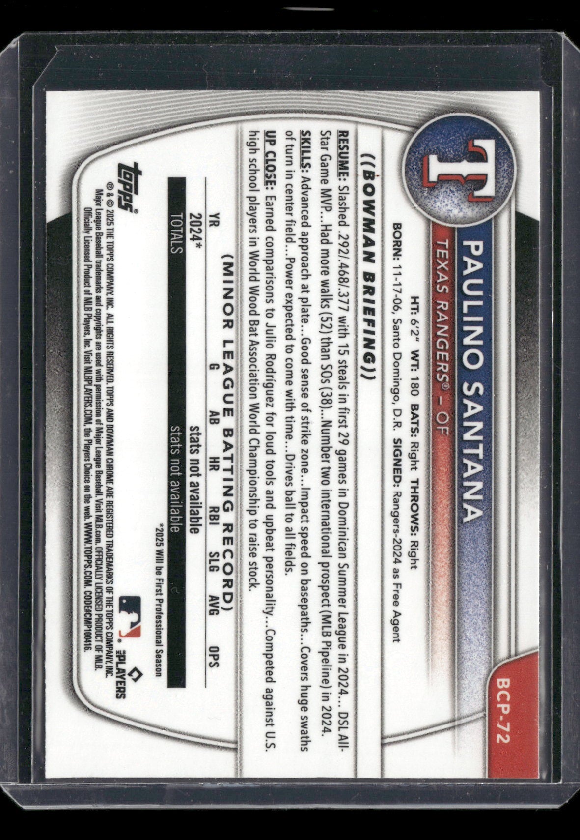 2025 Bowman Chrome Paulino Santana #BCP-72 Black