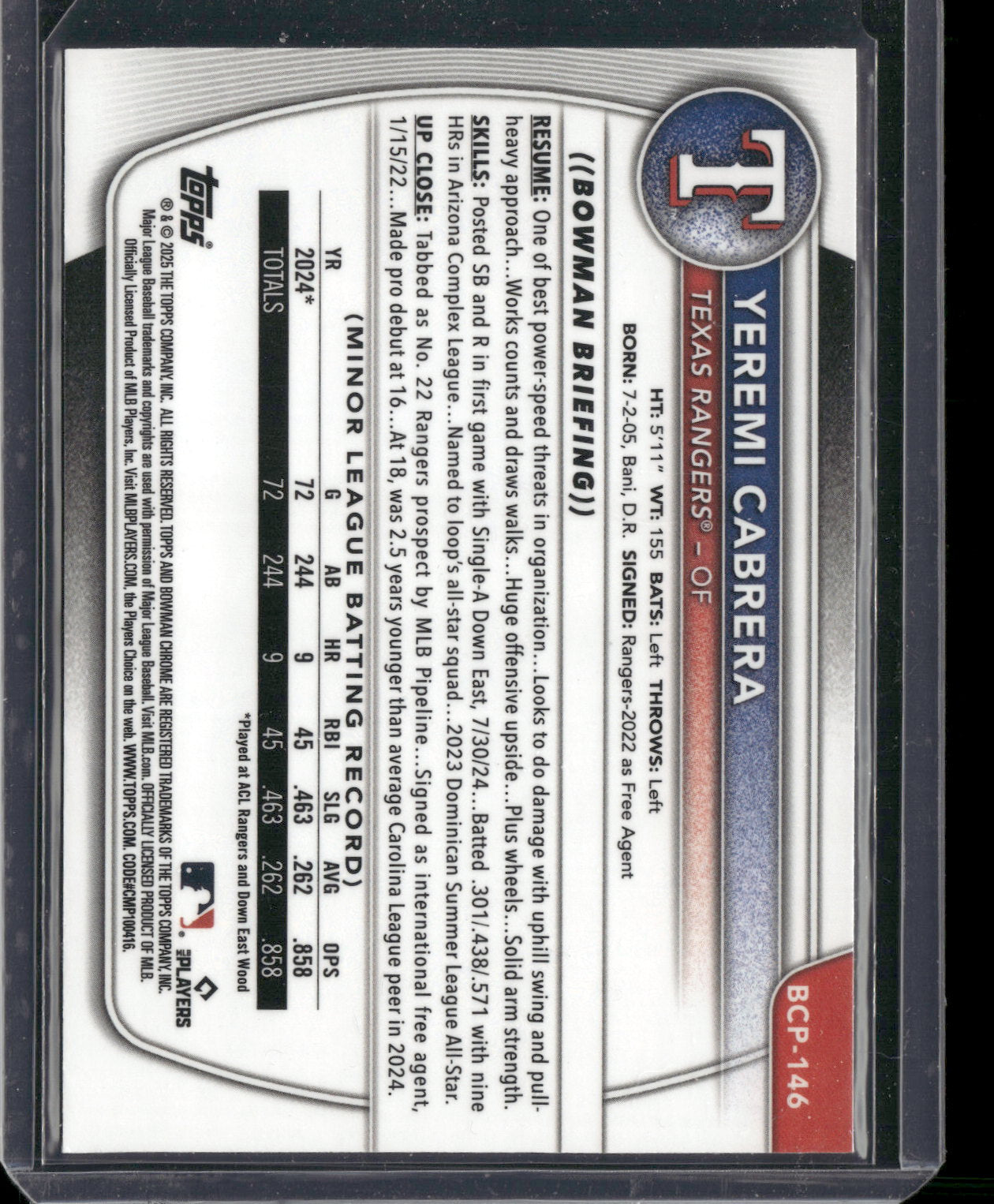 2025 Bowman Chrome Yeremi Cabrera #BCP-146 Reptillian Refractor 1st Bowman