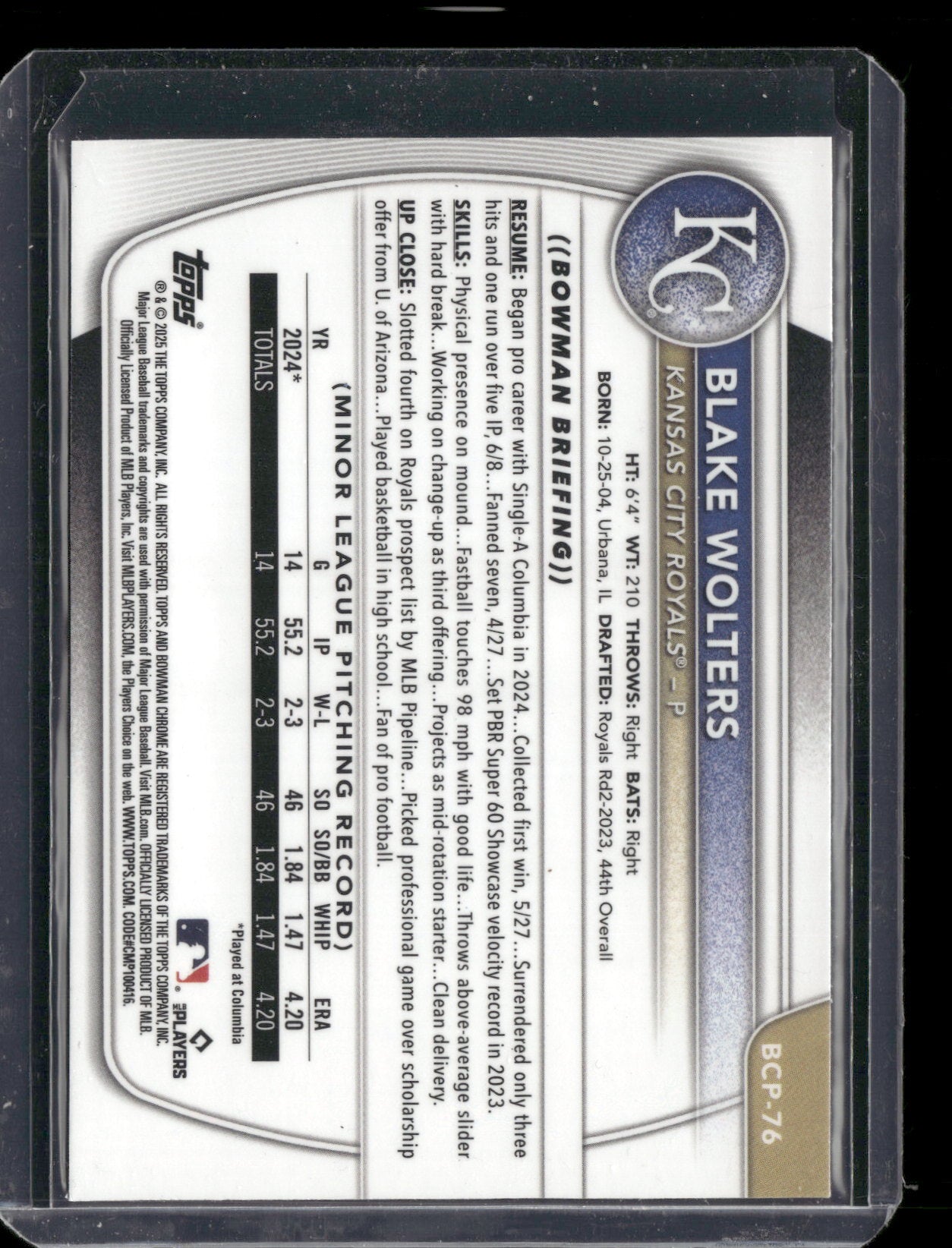 2025 Bowman Chrome Blake Wolters #BCP-76 Reptilian Refractor 1st Bowman