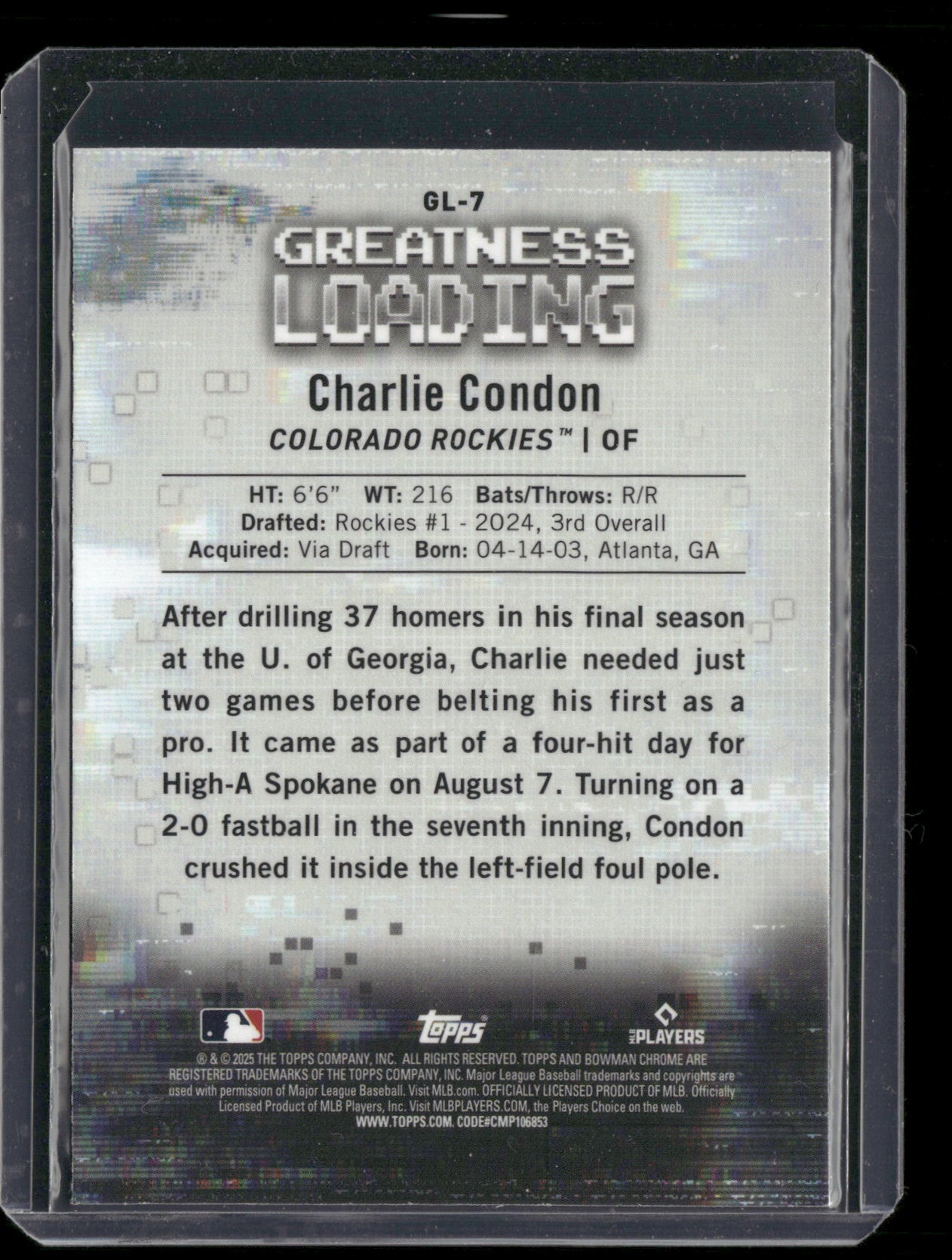 2025 Bowman Chrome Charlie Condon #GL-7 Greatness Loading