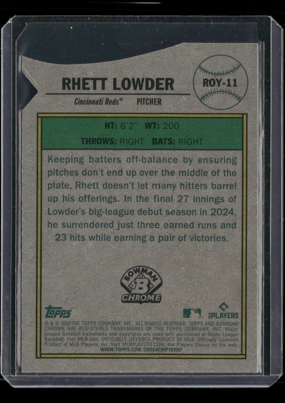 2025 Bowman Chrome Rhett Lowder #ROY-11 Mega Box Mojo Refractor Rookie of the Year Favorites RC