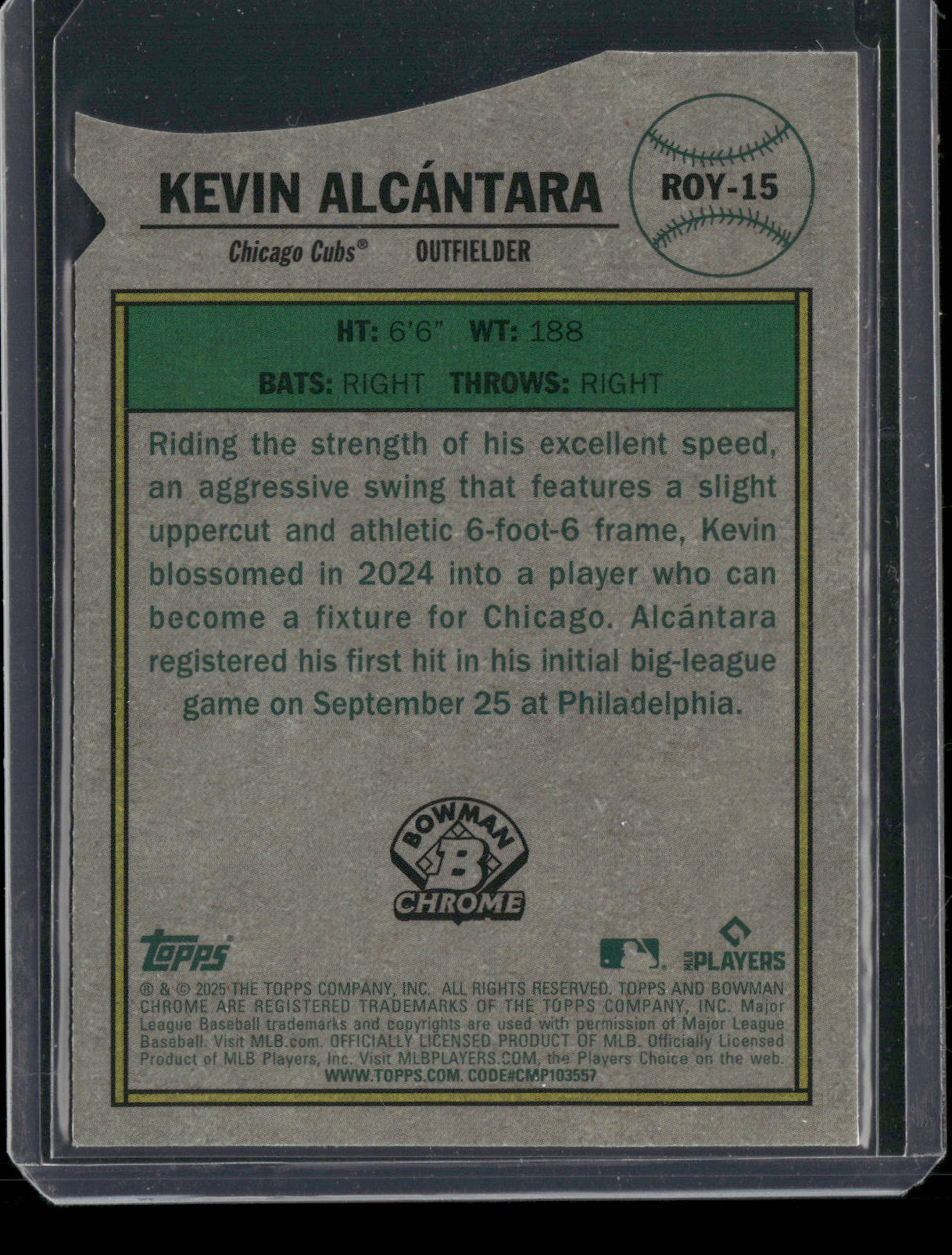 2025 Bowman Chrome Kevin Alcántara #ROY-15 Mega Box Mojo Refractor Rookie of the Year Favorites RC
