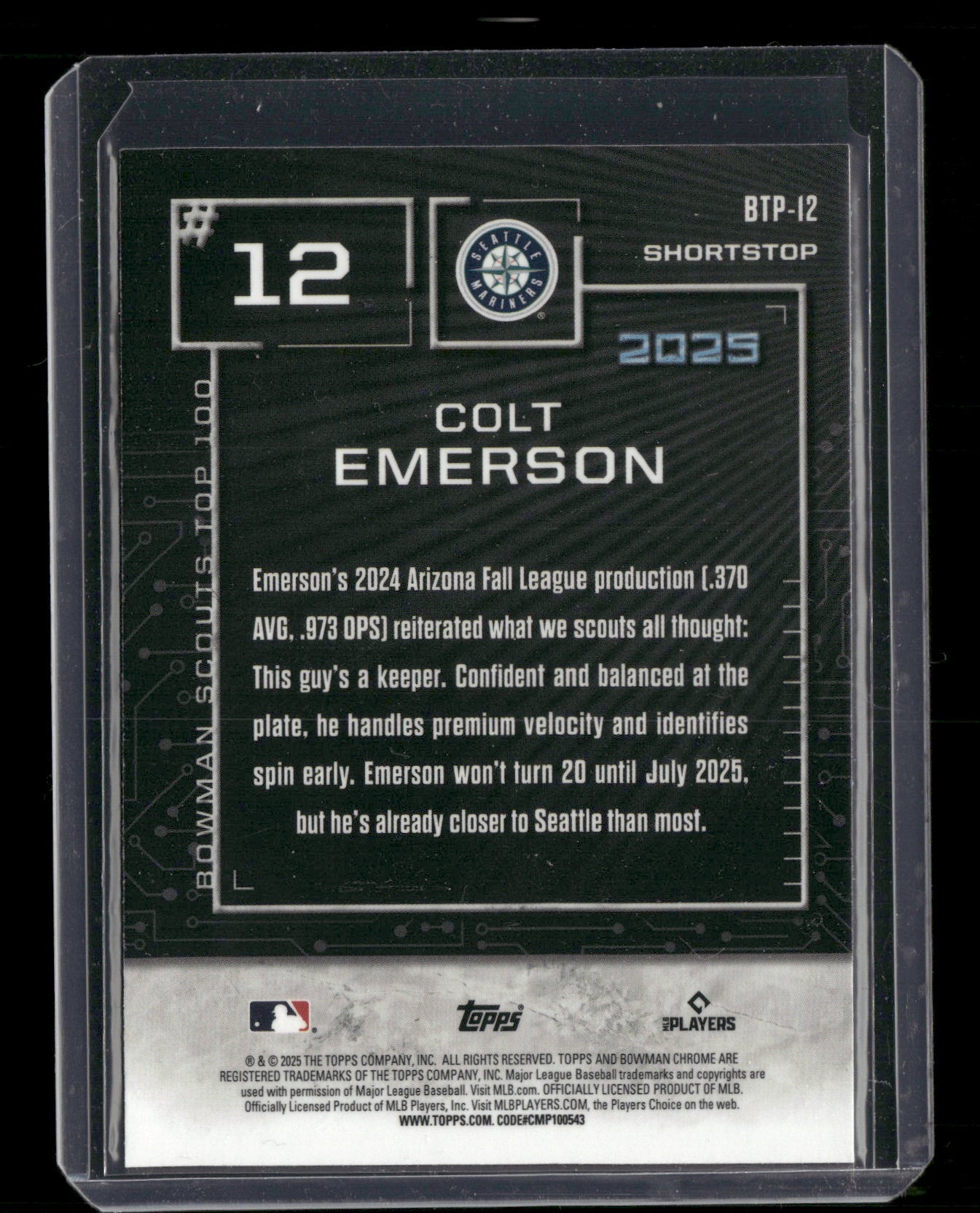 2025 Bowman Chrome Colt Emerson #BTP-12 Bowman Scouts Top 100