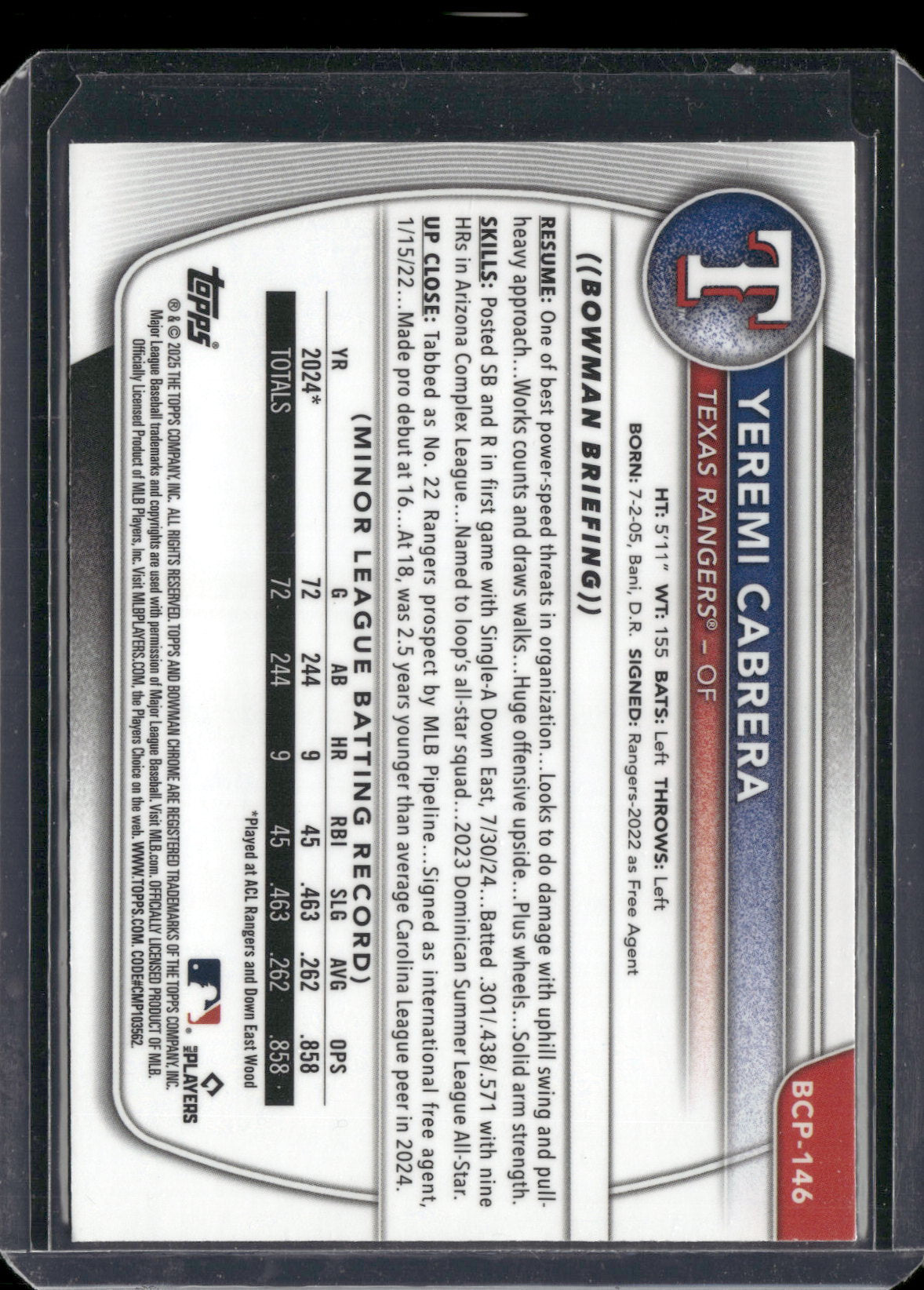 2025 Bowman Chrome Yeremi Cabrera #BCP-146 Mega Box Mojo Refractor 1st Bowman
