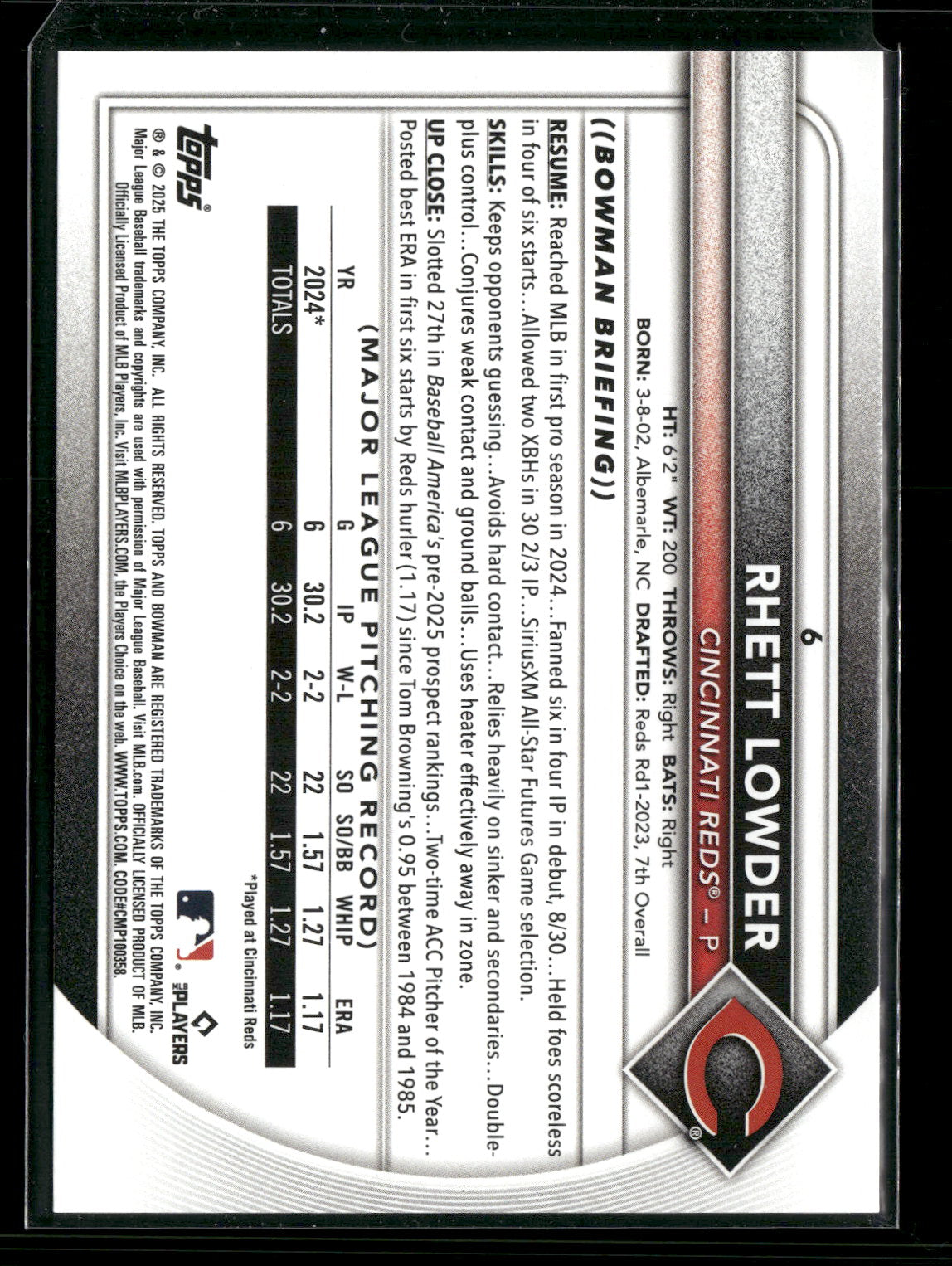 2025 Bowman Rhett Lowder #6 RC