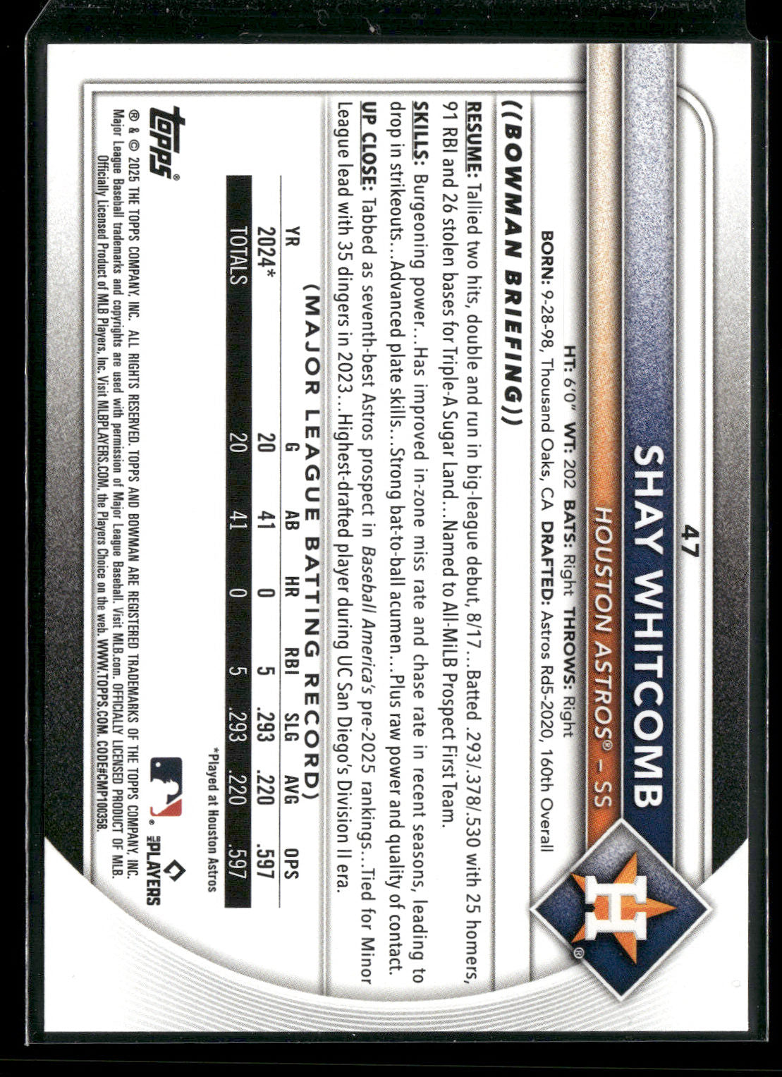 2025 Bowman Shay Whitcomb #47 RC