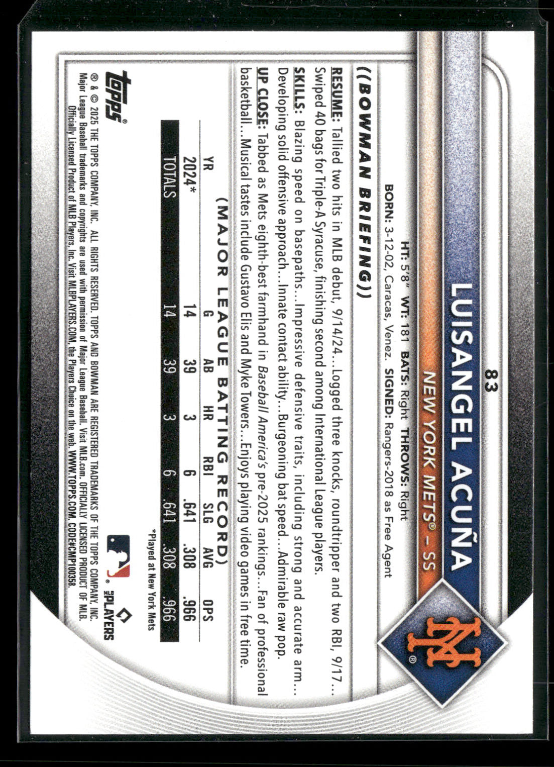 2025 Bowman Luisangel Acuña #83 RC