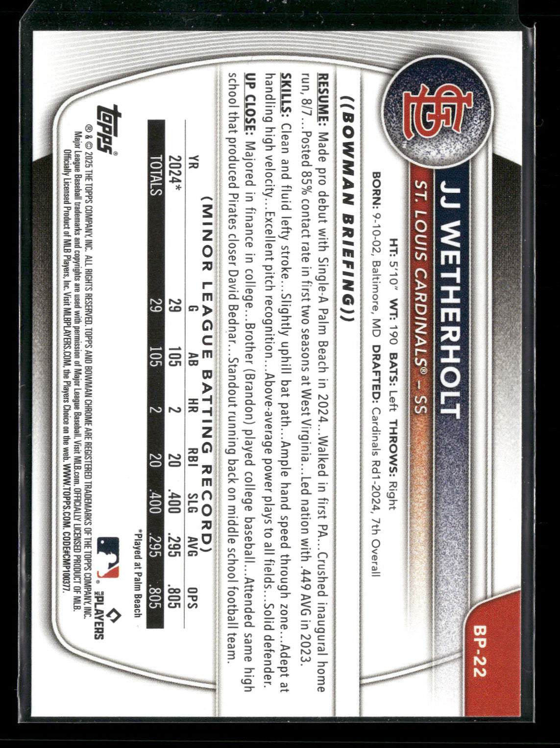 2025 Bowman JJ Wetherholt #BP-22 1st Bowman