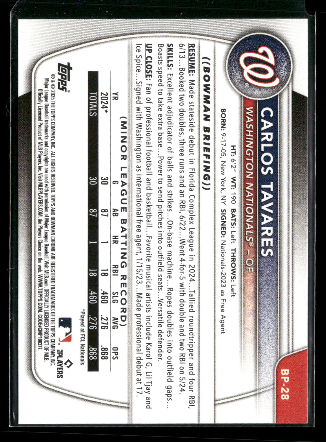 2025 Bowman Carlos Tavares #BP-28 1st Bowman