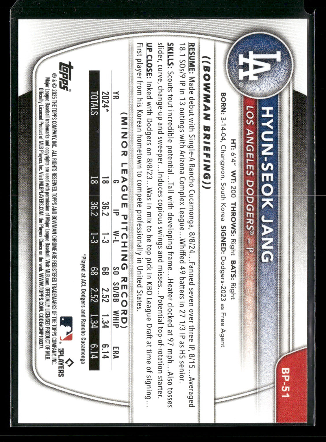 2025 Bowman Hyun-Seok Jang #BP-51 1st Bowman
