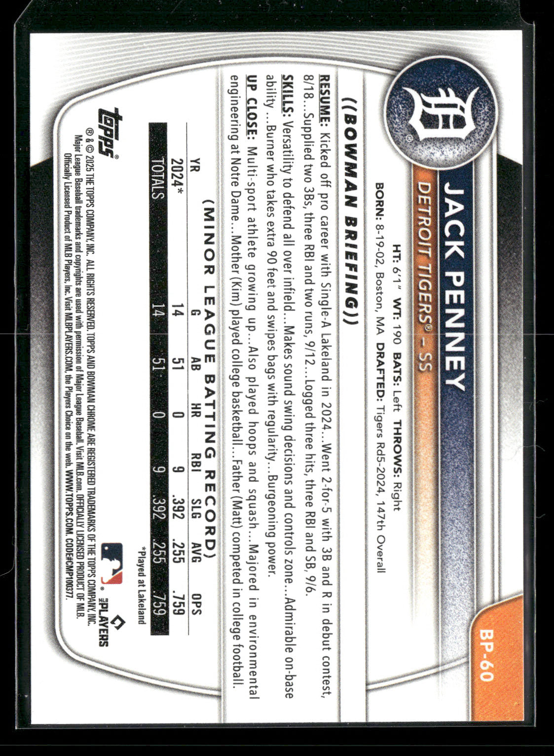 2025 Bowman Jack Penney #BP-60 1st Bowman