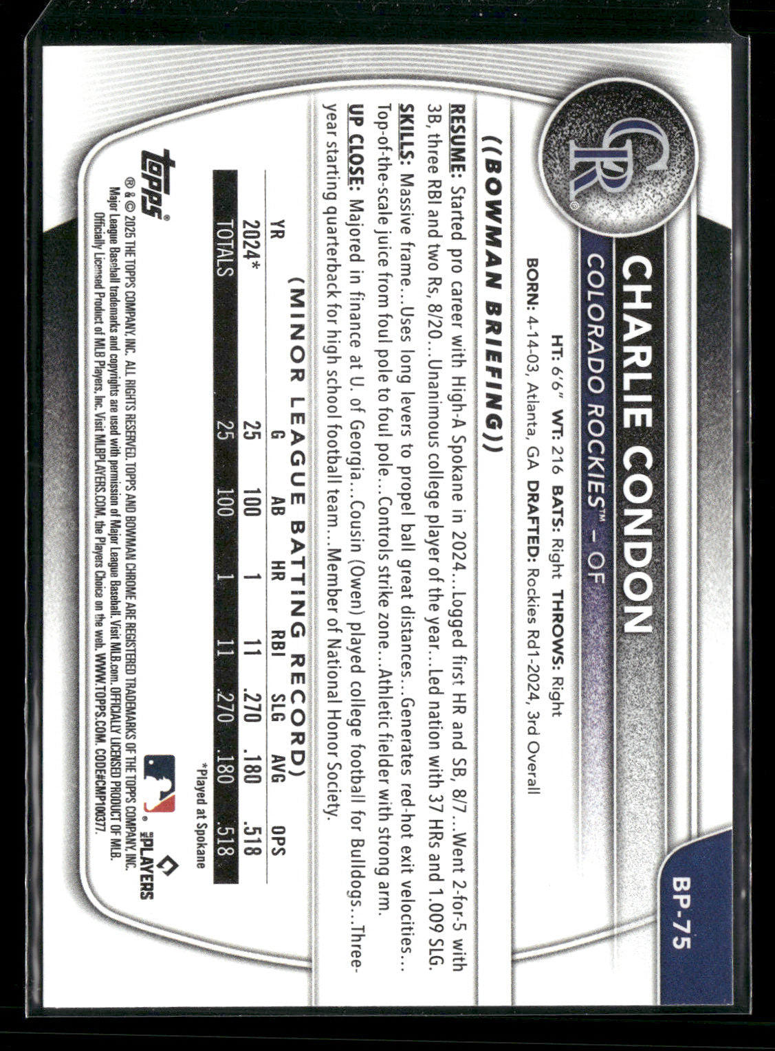 2025 Bowman Charlie Condon #BP-75 1st Bowman