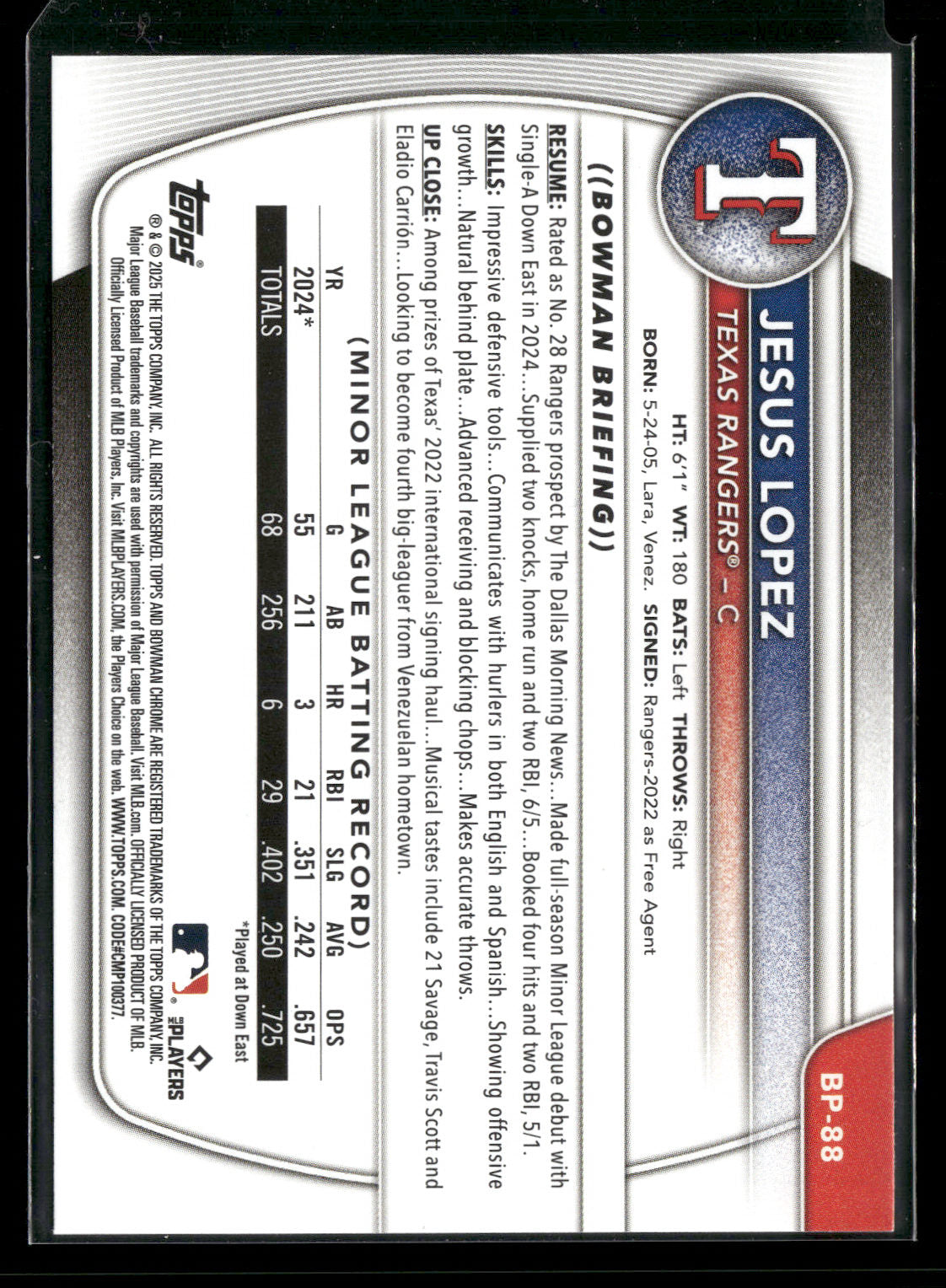 2025 Bowman Jesus Lopez #BP-88 1st Bowman
