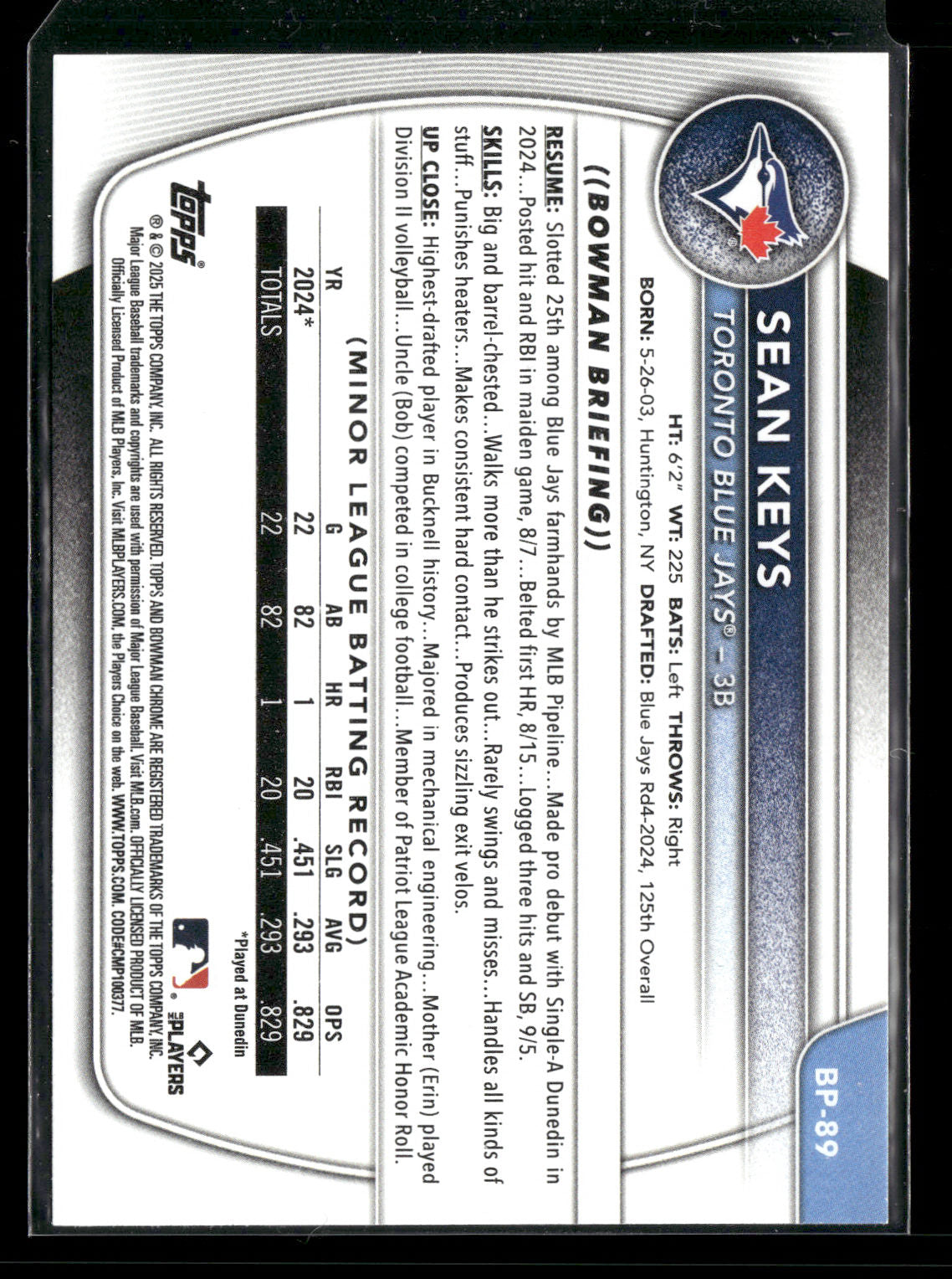 2025 Bowman Sean Keys #BP-89 1st Bowman