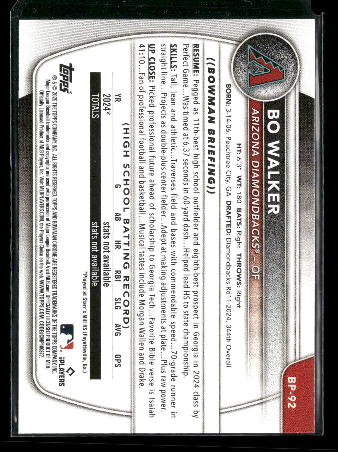 2025 Bowman Bo Walker #BP-92 1st Bowman