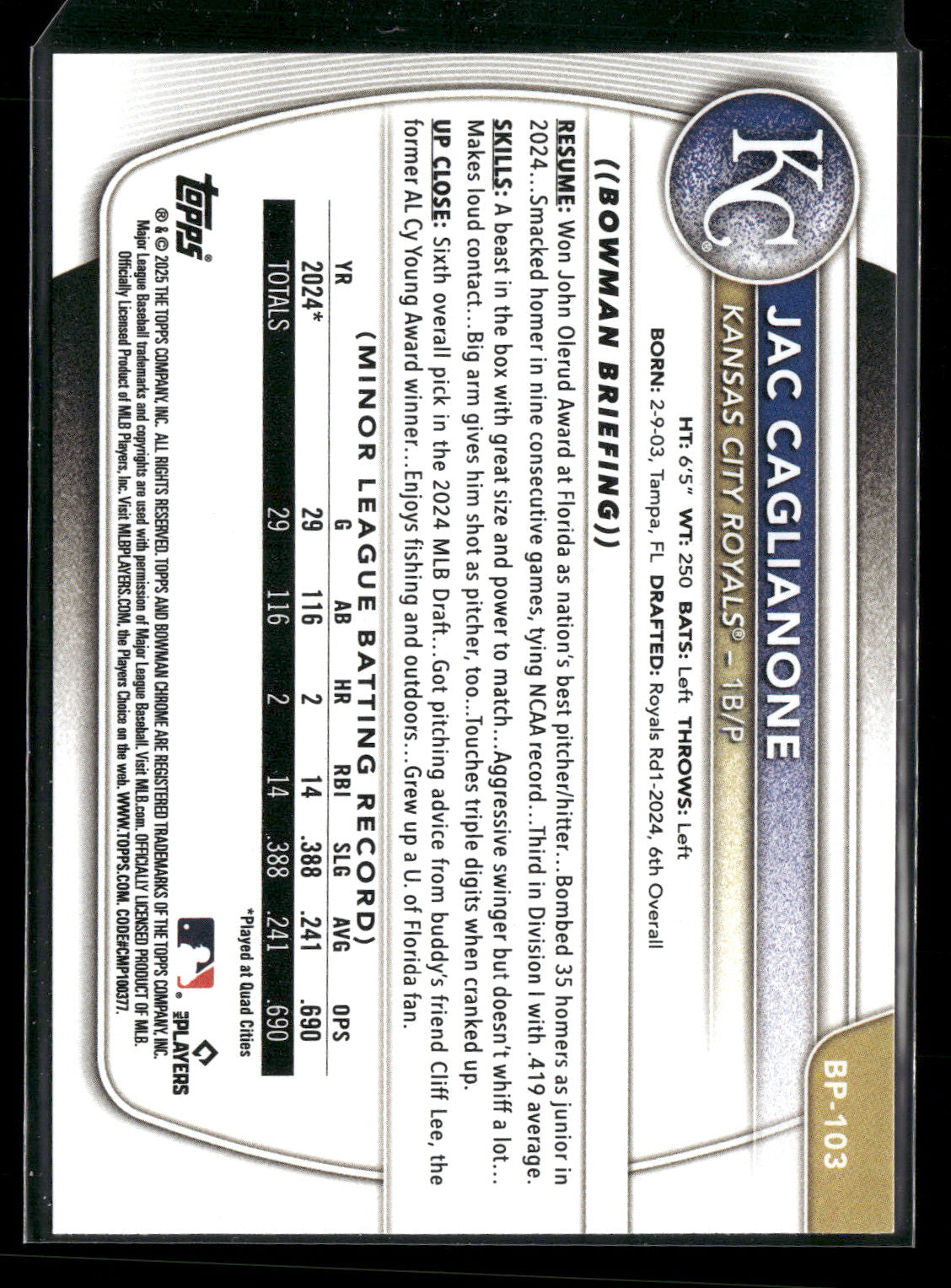 2025 Bowman Jac Caglianone #BP-103