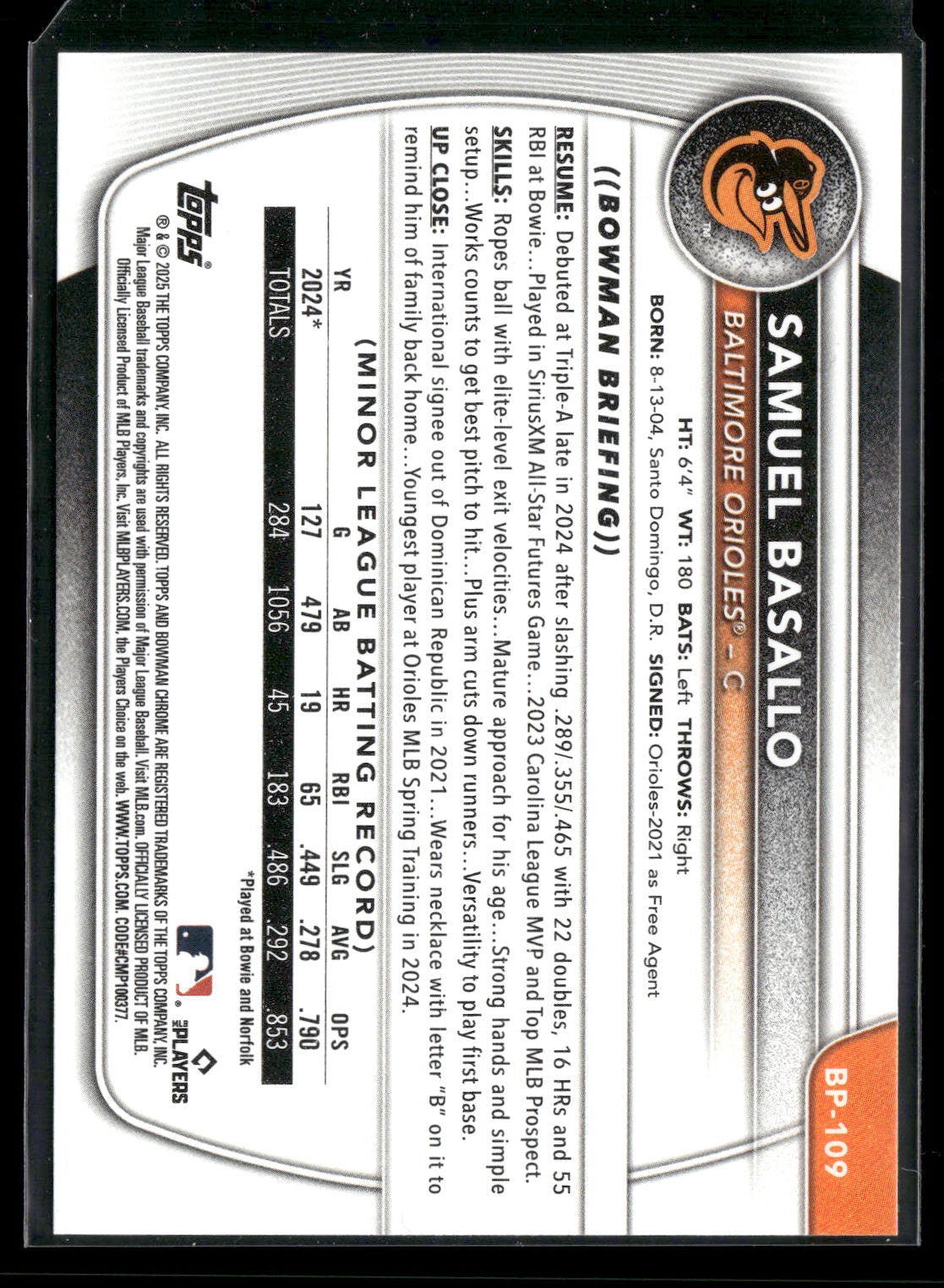 2025 Bowman Samuel Basallo #BP-109