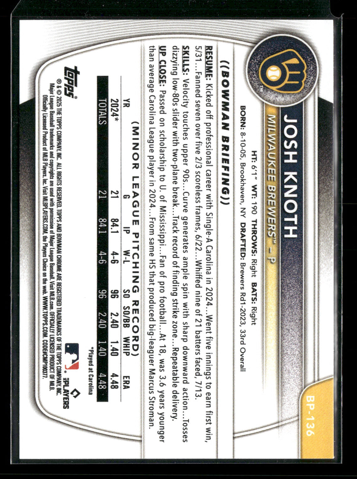 2025 Bowman Josh Knoth #BP-136 1st Bowman