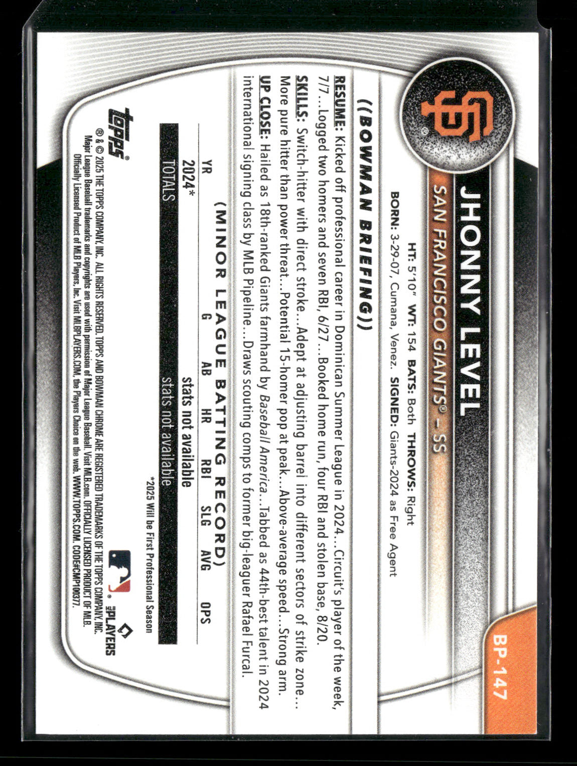 2025 Bowman Jhonny Level #BP-147 1st Bowman