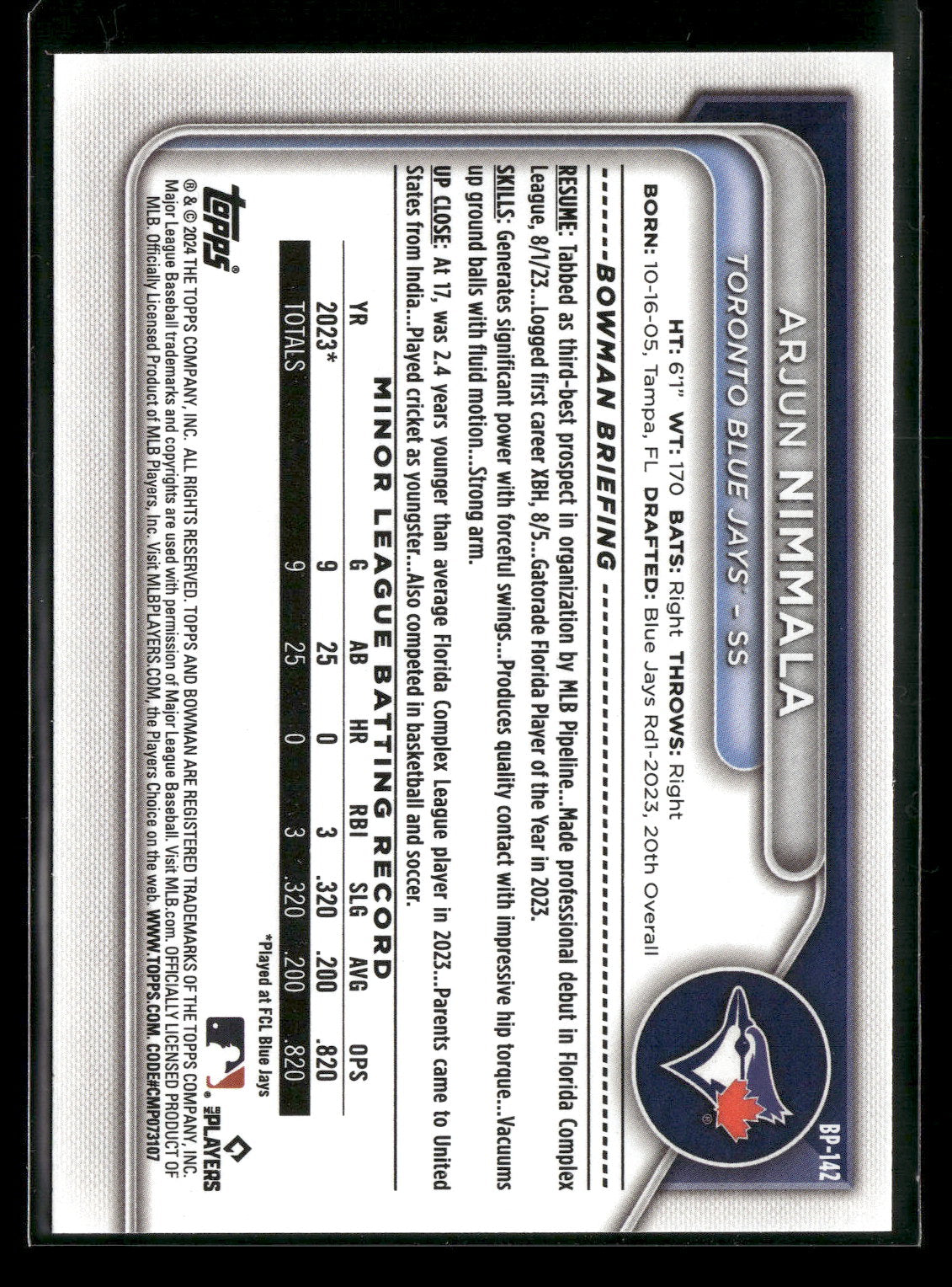 2024 Bowman Arjun Nimmala #BP-142 1st Bowman