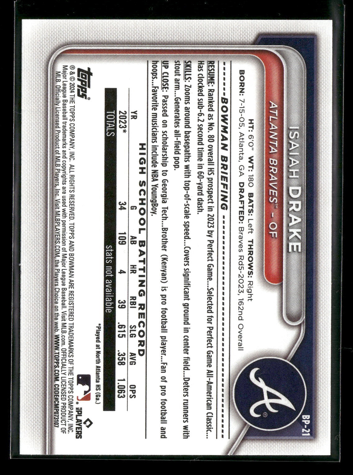 2024 Bowman Isaiah Drake #BP-21 1st Bowman