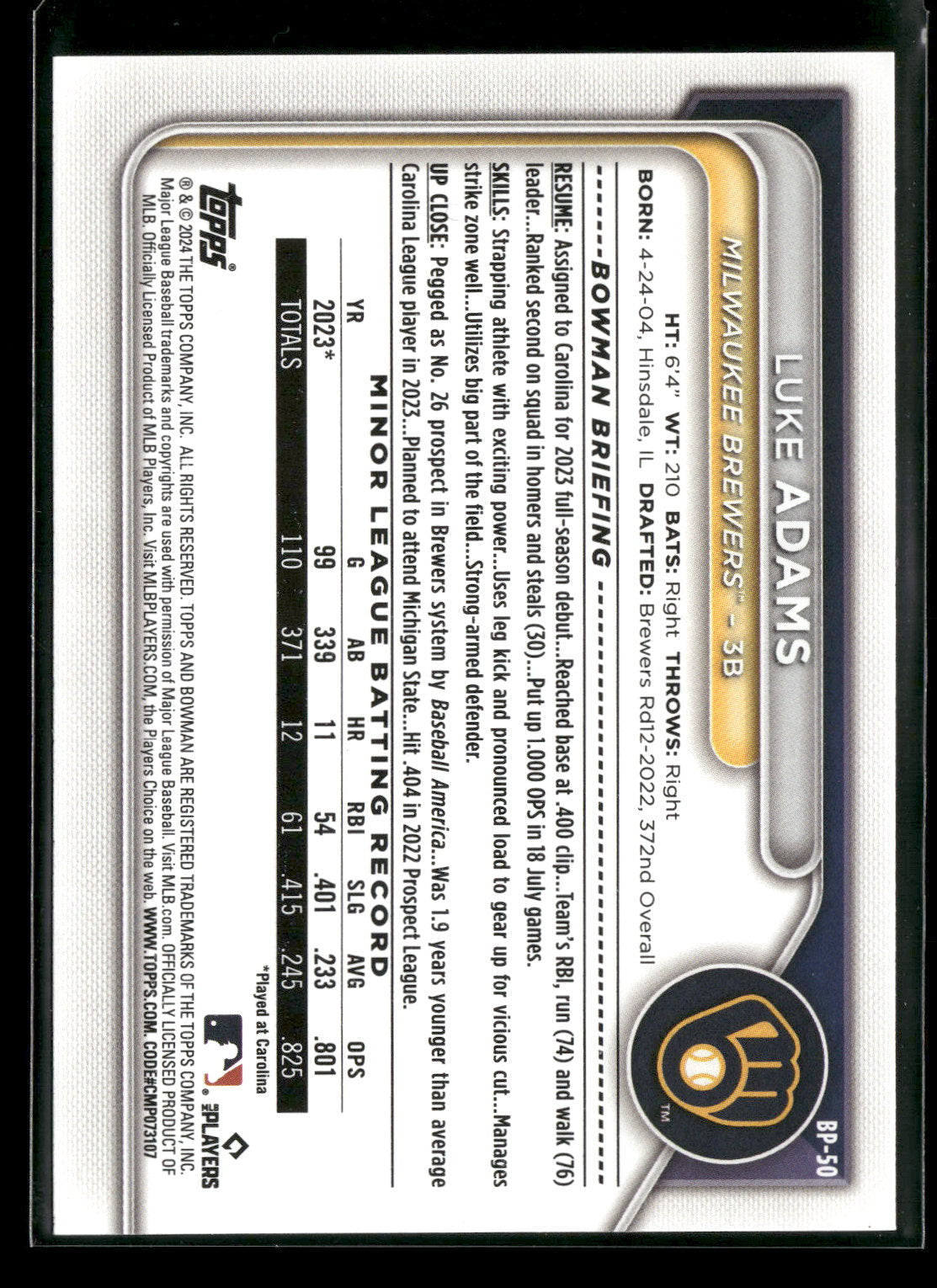 2024 Bowman Luke Adams #BP-50 1st Bowman