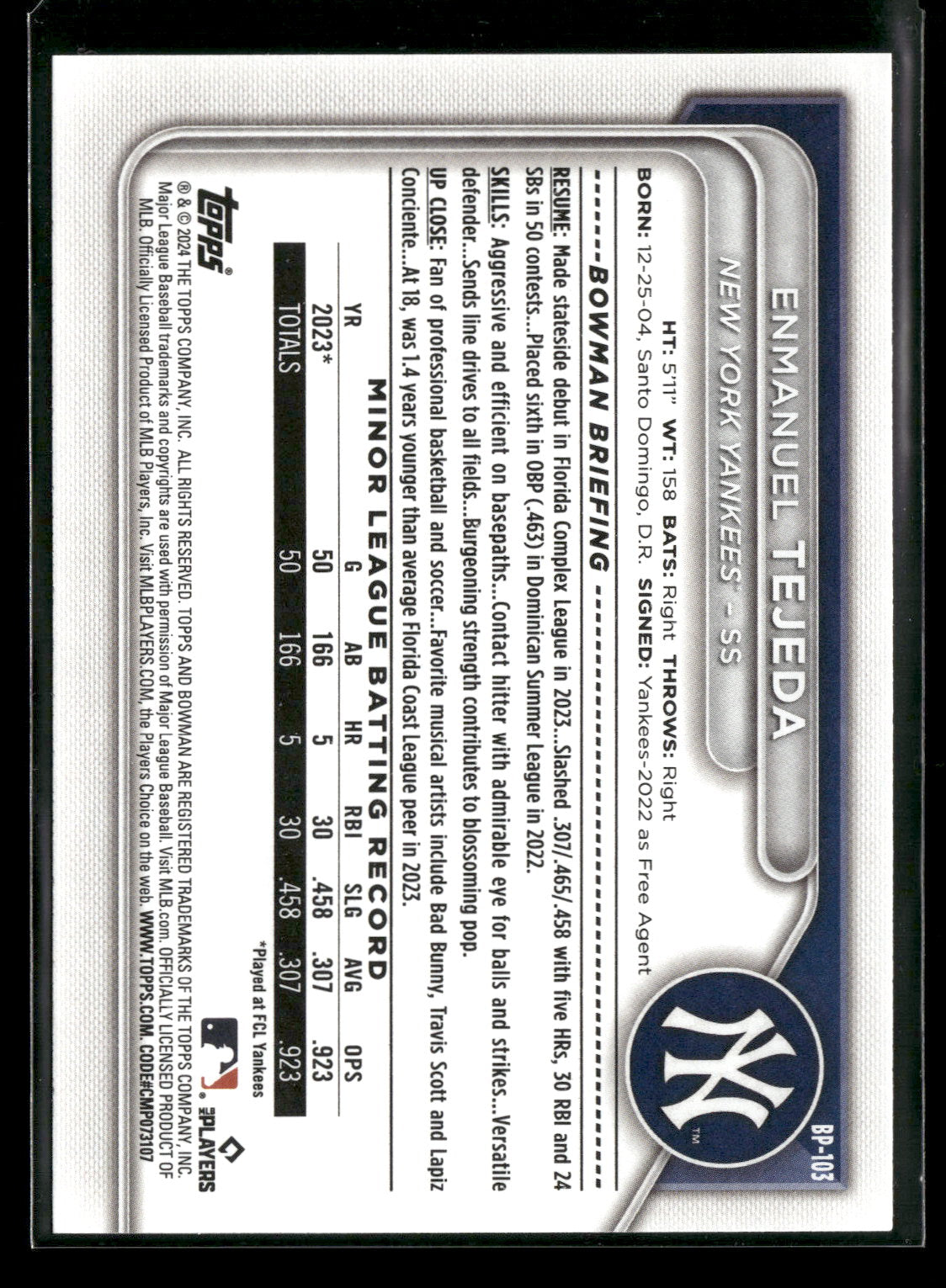 2024 Bowman Enmanuel Tejeda #BP-103 1st Bowman