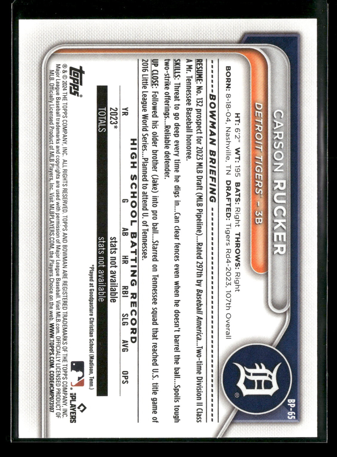2024 Bowman Carson Rucker #BP-65 1st Bowman