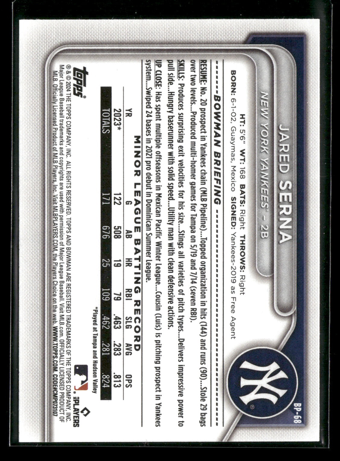2024 Bowman Jared Serna #BP-68 1st Bowman