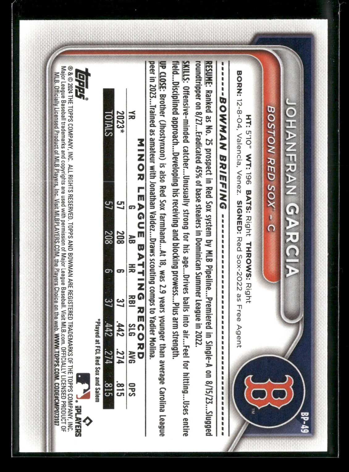 2024 Bowman Johanfran Garcia #BP-49 1st Bowman