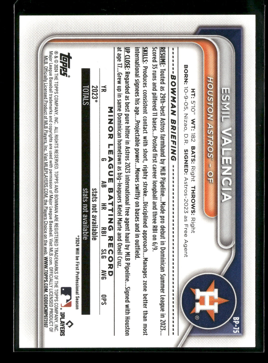 2024 Bowman Esmil Valencia #BP-75 1st Bowman